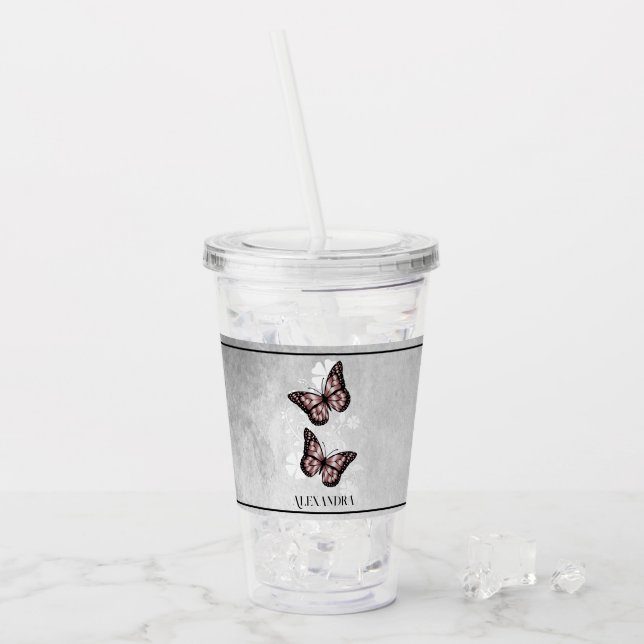 Pink Butterfly Personalisiert Acrylic Tumbler Acryltrinkbecher (Vorderseite Ice)