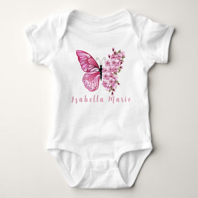 Pink Butterfly Personalisiert Name Niedlich Morden Baby Strampler (Vorderseite)