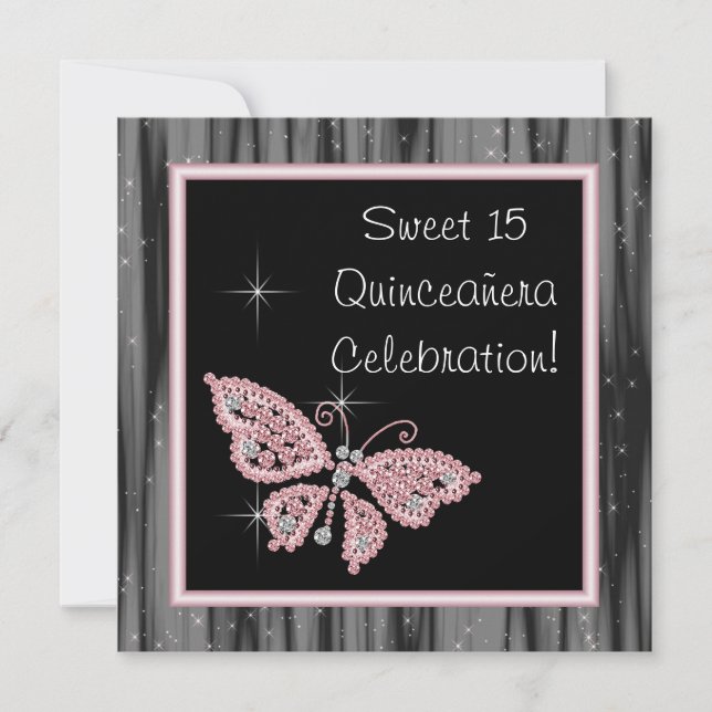 Pink Butterfly Pink Black Quinceanera Einladung (Vorderseite)