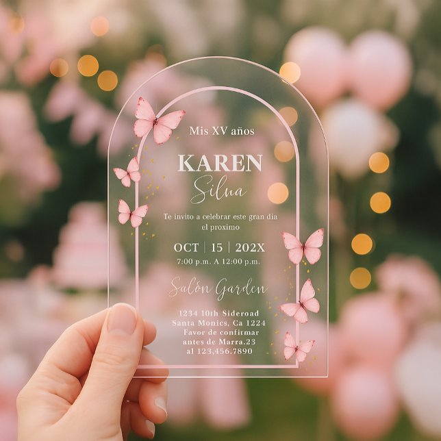 Pink Butterfly Quinceanera Acrylic Invitation Acryleinladungen (Von Creator hochgeladen)