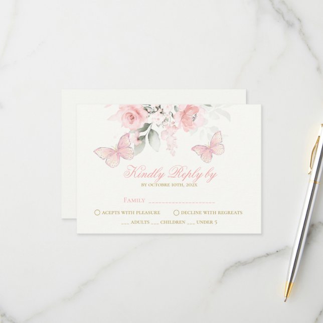 Pink Butterfly Quinceañera RSVP Karte (Vorderseite/Rückseite Beispiel)