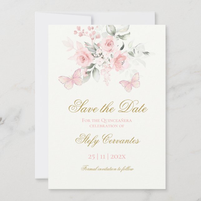Pink Butterfly Quinceañera Save the Date (Vorderseite)