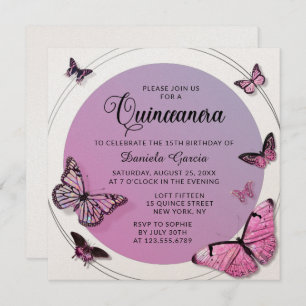 Pink Butterfly Shimmer Moderne Quinceañera Einladung