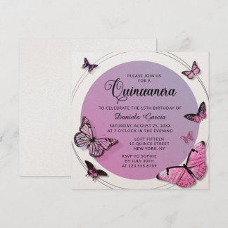 Pink Butterfly Shimmer Moderne Quinceañera Einladung