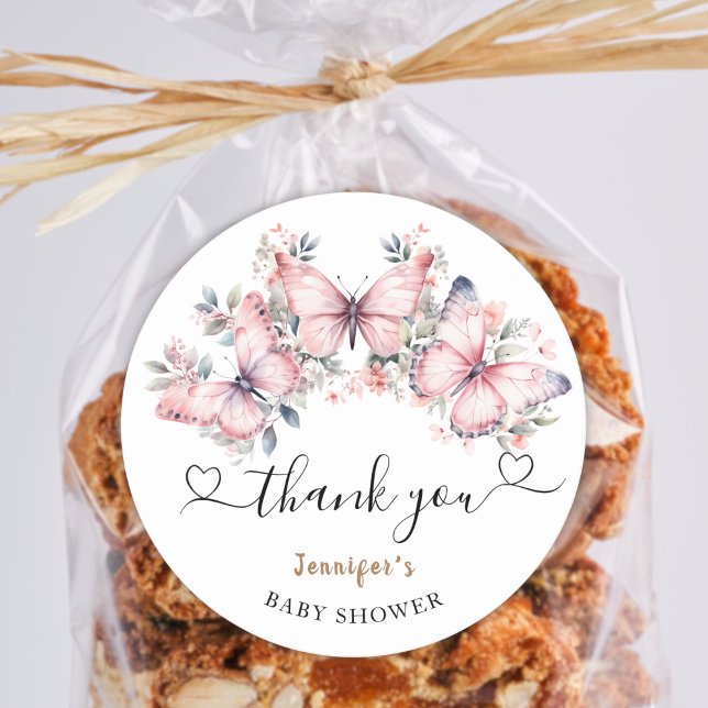 Pink Butterfly Theme Baby Shower Gefallen Classic Runder Aufkleber (Von Creator hochgeladen)