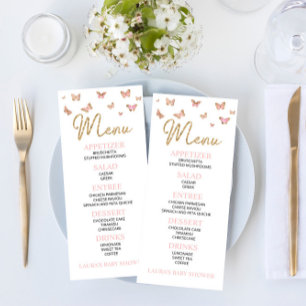 Pink Butterfly Themed Baby Dusche Flachmenü Menükarte