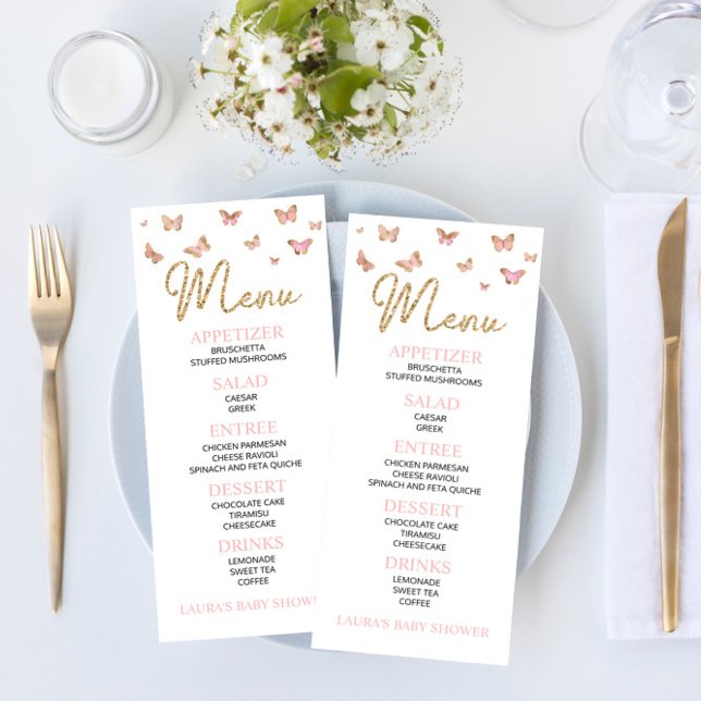 Pink Butterfly Themed Baby Dusche Flachmenü Menükarte (Von Creator hochgeladen)