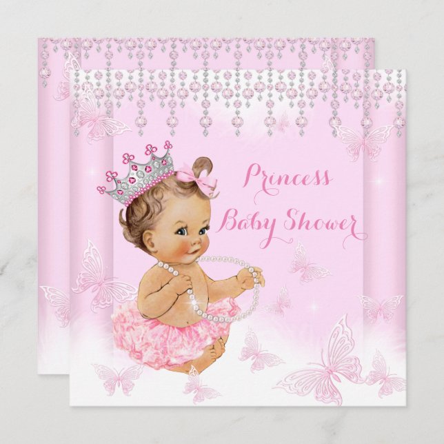 Pink Butterfly Tiara Princess Baby Dusche Brünett Einladung (Vorne/Hinten)