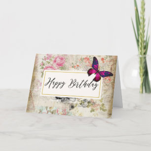 Pink Butterfly und Shabby Vintage Rose Geburtstag Karte