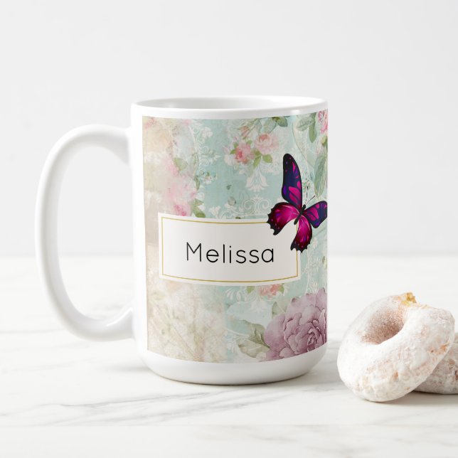 Pink Butterfly und Shabby Vintage Rose Kaffeetasse (Mit Donut)