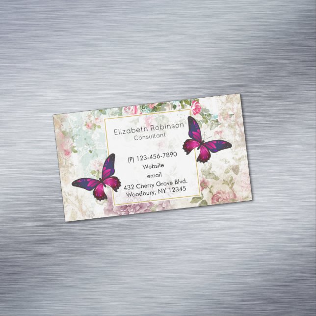 Pink Butterfly und Shabby Vintage Rose Magnetische Visitenkarte (Beispiel)