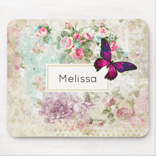 Pink Butterfly und Shabby Vintage Rose Mousepad