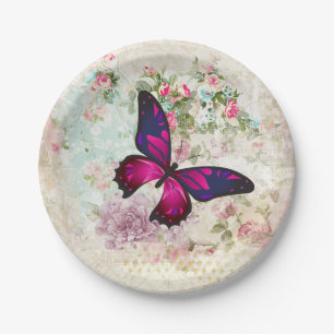 Pink Butterfly und Shabby Vintage Rose Pappteller