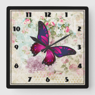 Pink Butterfly und Shabby Vintage Rose Quadratische Wanduhr