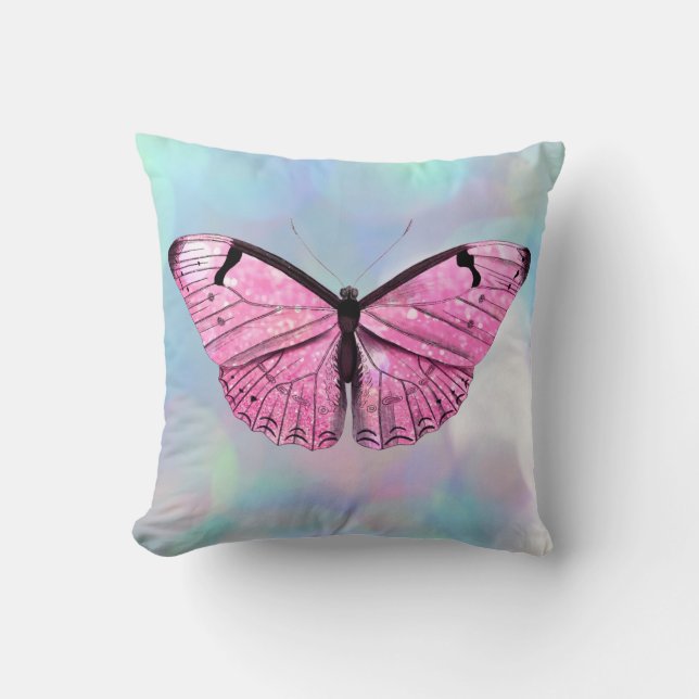 Pink Butterfly Vintag Illustration Throw Kissen (Vorderseite)