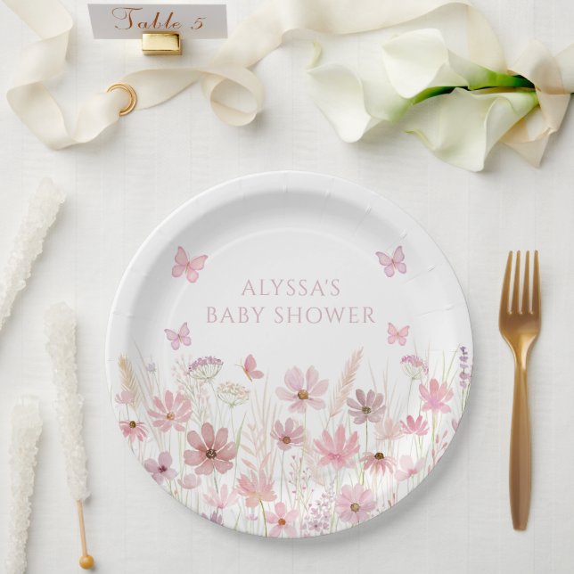 Pink Butterfly Wildflowers Baby Shower Pappteller (Hochzeit)