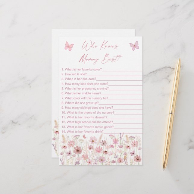 Pink Butterfly Wildflowers Who Knows Mommy Game (Vorderseite/Rückseite Beispiel)