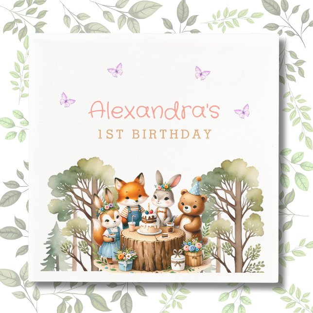 Pink Butterfly Woodland Tiere Mädchen 1. Geburtsta Serviette (Von Creator hochgeladen)