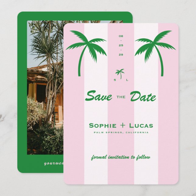 Pink Cabana Stripes Palm Tree Monogram Wedding Save The Date (Vorne/Hinten)