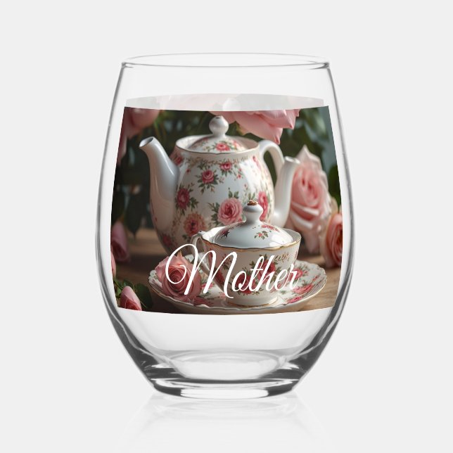 Pink Cabbage Rose Tea Weinglas Ohne Stiel (Vorderseite)