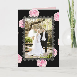 Pink Cabbage Roses and Black Lace Wedding Dankeskarte