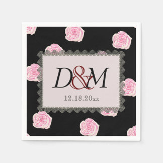 Pink Cabbage Roses and Black Lace Wedding Serviette