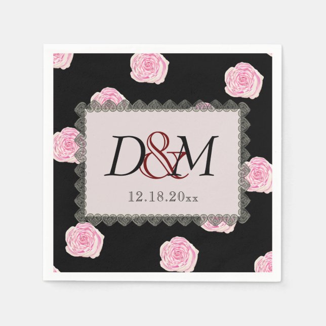 Pink Cabbage Roses and Black Lace Wedding Serviette (Vorderseite)