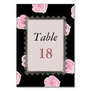 Pink Cabbage Roses and Black Lace Wedding Tischnummer