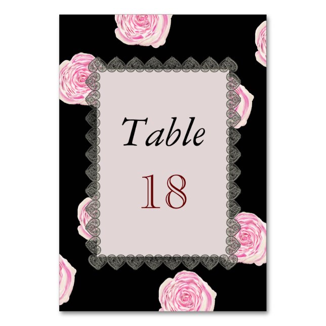 Pink Cabbage Roses and Black Lace Wedding Tischnummer (Vorderseite)