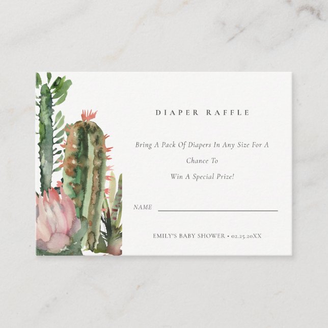 Pink Cacti Foliage Diaper Raffle Baby Dusche Begleitkarte (Vorderseite)