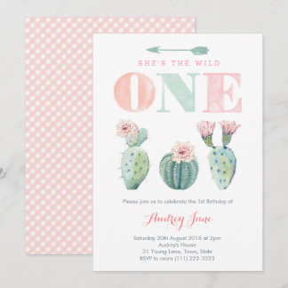 Pink Cacti Girl Einladungen zum 1. Geburtstag, Wüs