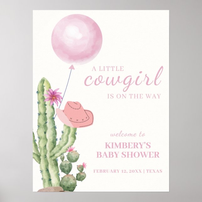 Pink Cactus Balloon Cowgirl Baby Dusche Empfang Poster (Vorne)