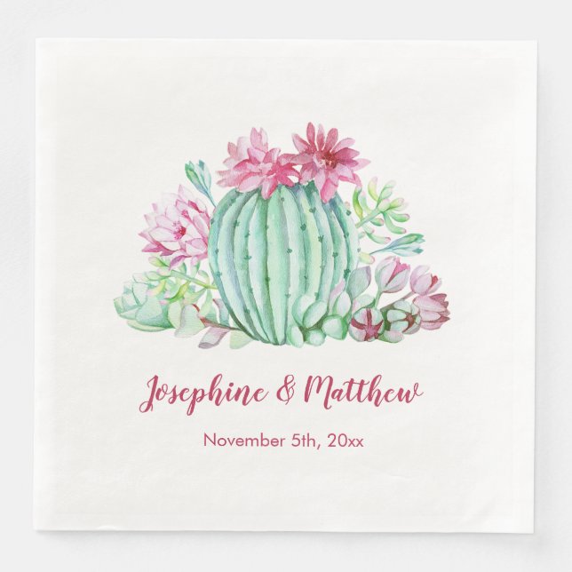 Pink Cactus Blume Succulents Watercolor Wedding Serviette (Vorderseite)