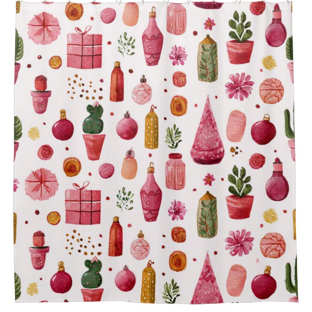 Pink Cactus Christmas Ornaments Pattern Duschvorhang (Vorderseite)
