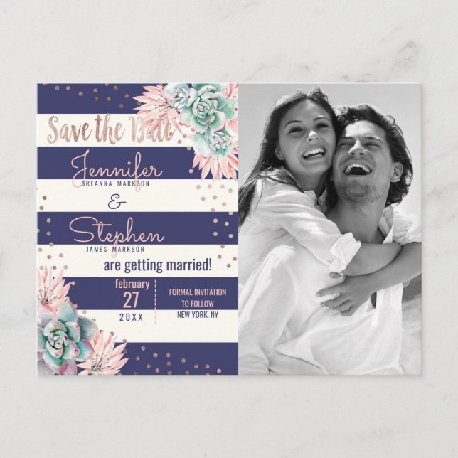 Pink Cactus Navy Stripes Rose Gold Save the Date Ankündigungspostkarte (Vorderseite)