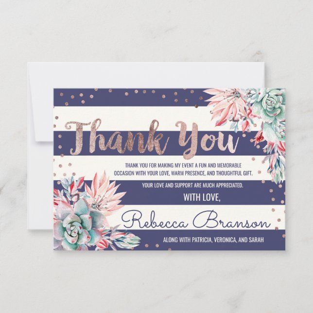 Pink Cactus Navy Stripes Rose Gold Vielen Dank Dankeskarte (Vorderseite)