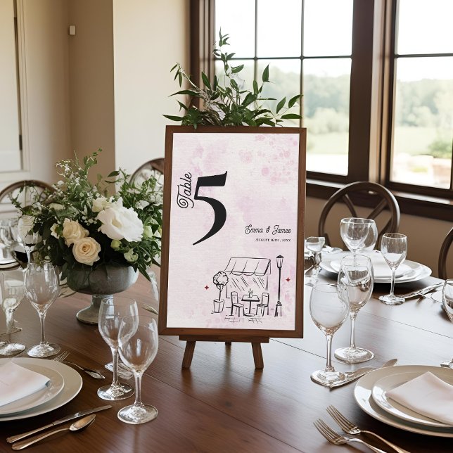 Pink Café Sketch Wedding Reception Table Number Dankeskarte (Pink Café Sketch Wedding Reception Table Number)