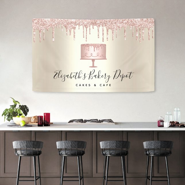 Pink Cake Bakery Koch Glitzer Tropfen Script Gold Banner (Von Creator hochgeladen)