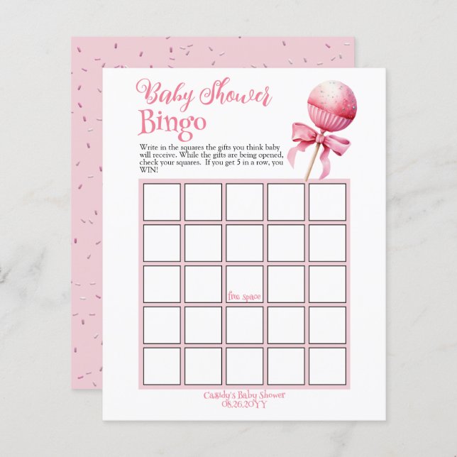 Pink Cake Pop Baby Shower Bingo Game (Vorne/Hinten)