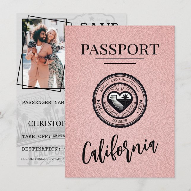 Pink California Passport Save the Date (Vorne/Hinten)