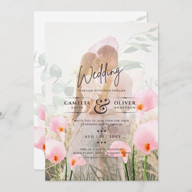 PINK CALLA LILILIES FOTO OVERLAY WEDING EINLADUNG (Vorne/Hinten)