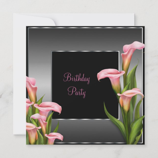 Pink Calla Lily Black Birthday Party Einladung (Vorderseite)