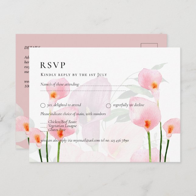 Pink Calla Lily Bouquet Wedding RSVP Postkarte (Vorne/Hinten)