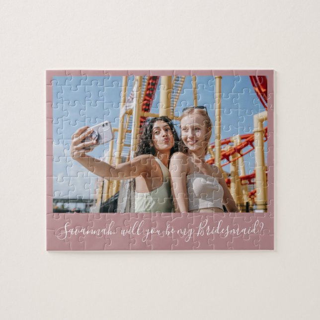 Pink Calligraphy Custom Foto Bridesmaid Vorschlag Puzzle (Horizontal)
