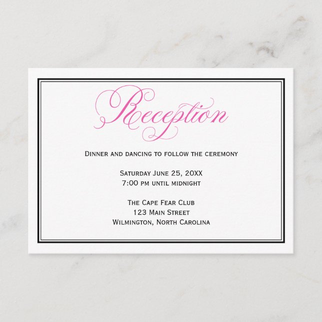 Pink Calligraphy Wedding Reception Details Card Begleitkarte (Vorderseite)