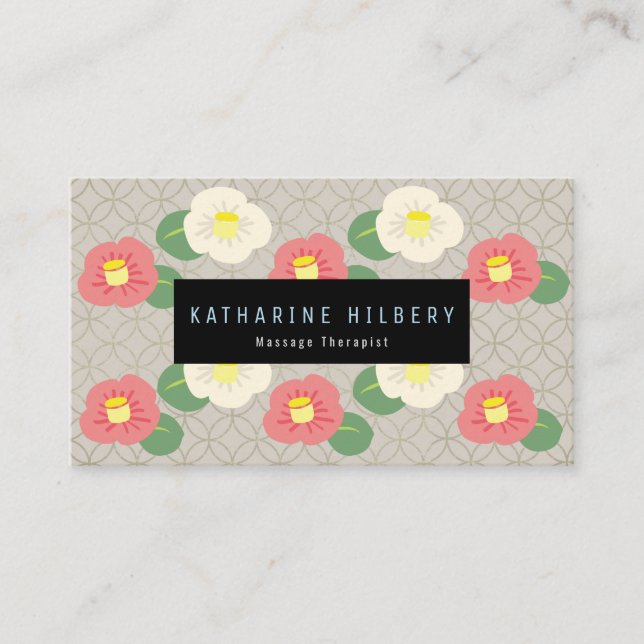 Pink Camellia Pattern Taupe Greige Business Card Visitenkarte (Vorderseite)