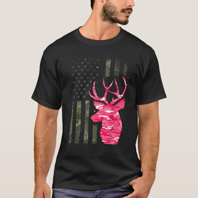 Pink Camouflage American Flag Camouflage Buck Hunt T-Shirt (Vorderseite)