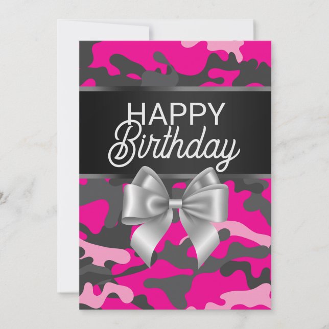 Pink Camouflage & Bow Happy Birthday Card Einladung (Vorderseite)