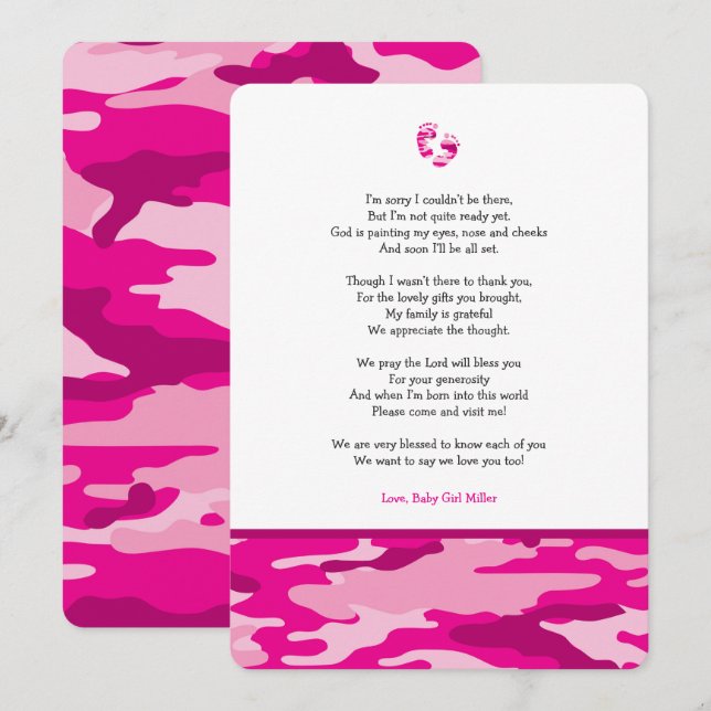 Pink Camouflage Girl Gedicht Babydusche Dankeschön Einladung (Vorne/Hinten)