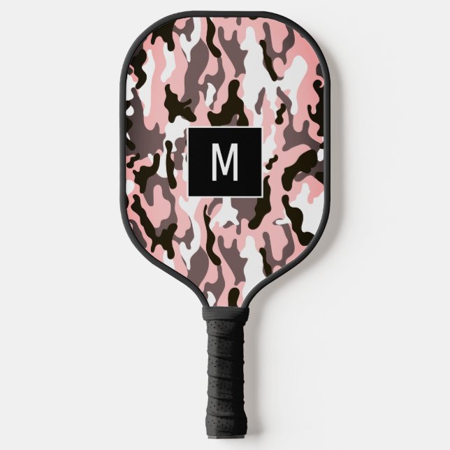 Pink Camouflage Pattern Monogramm Pickleball Schläger (Vorderseite)